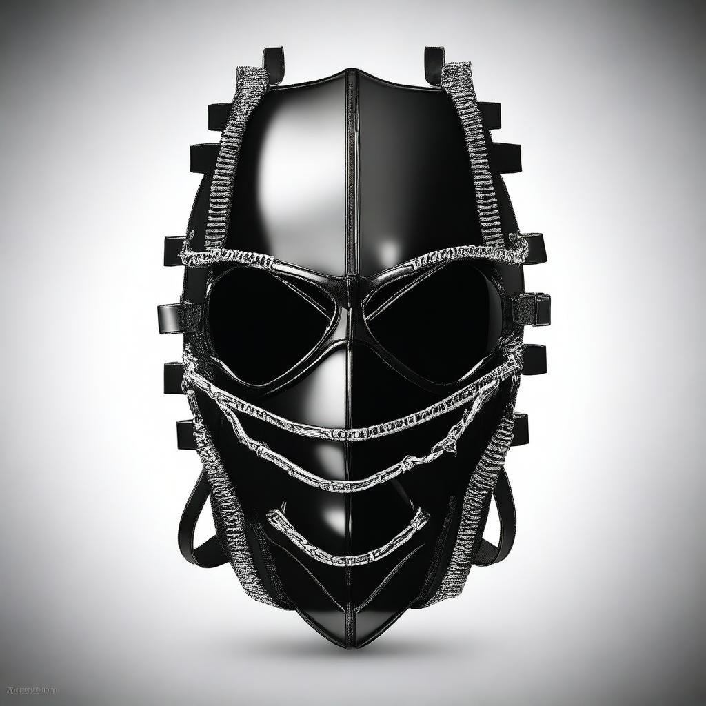 A detailed illustration of a leather BDSM mask with multiple zippers