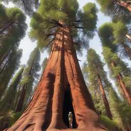 A majestic and towering sequoia tree with a woman standing at its base, looking up in awe