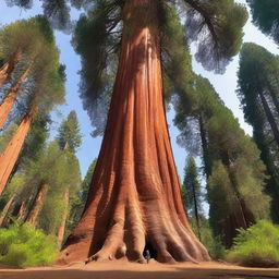 A majestic and towering sequoia tree with a woman standing at its base, looking up in awe