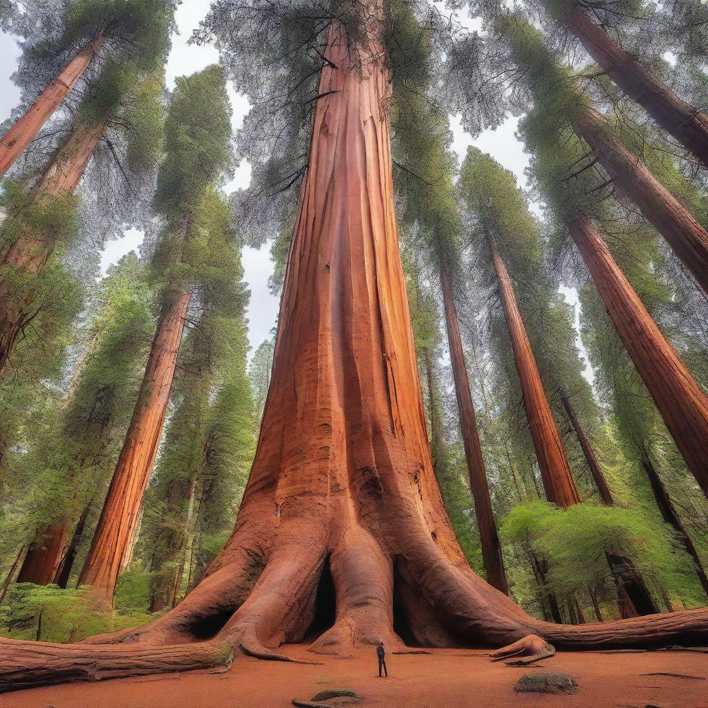 A majestic and towering sequoia tree with a woman standing at its base, looking up in awe