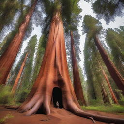 A majestic and towering sequoia tree with a woman standing at its base, looking up in awe