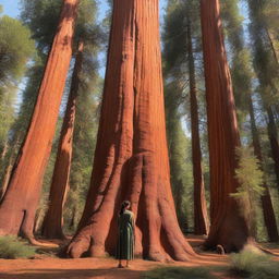 A book cover featuring a majestic, towering sequoia tree with a woman standing at the bottom