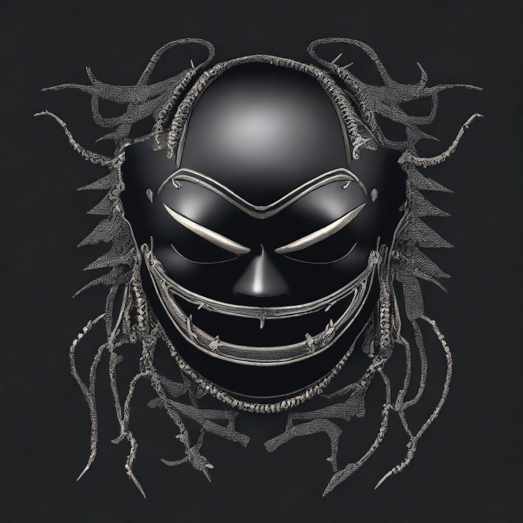 A detailed illustration of a leather sadomasochism mask with multiple zippers and an evil smile