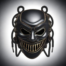 A detailed illustration of a leather sadomasochism mask with multiple zippers and an evil smile