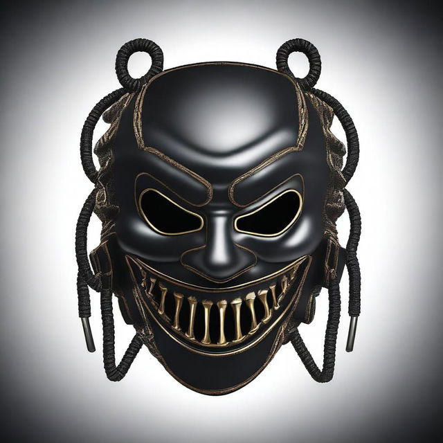 A detailed illustration of a leather sadomasochism mask with multiple zippers and an evil smile