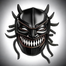 A detailed illustration of a leather sadomasochism mask with multiple zippers and an evil smile