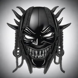 A detailed illustration of a leather sadomasochism mask with multiple zippers and an evil smile