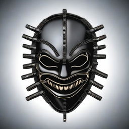 A detailed illustration of a leather sadomasochism mask with multiple zippers and an evil smile