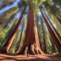 A realistic photo of a majestic, towering sequoia tree with a woman standing at the bottom