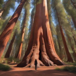 A realistic photo of a majestic, towering sequoia tree with a woman standing at the bottom