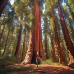 A realistic photo of a majestic, towering sequoia tree with a woman standing at the bottom