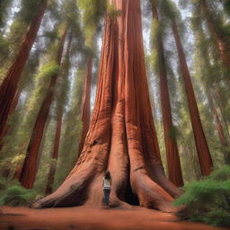 A realistic photo of a majestic, towering sequoia tree with a woman standing at the bottom