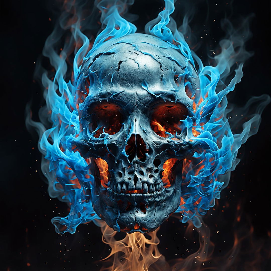 A detailed skull engulfed in vibrant blue flames, set against a dark, smoky background to evoke mystery and supernatural power