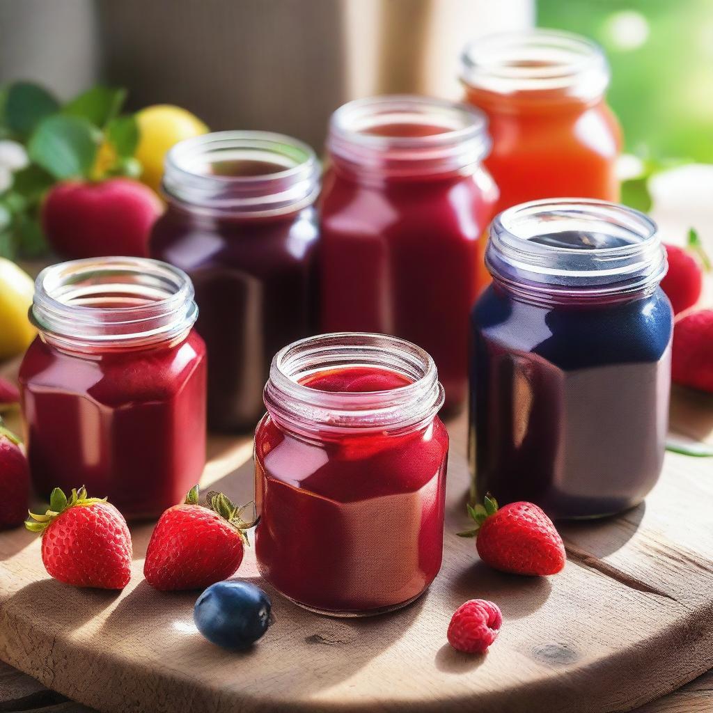 A vibrant and colorful scene featuring an assortment of fruit jams in glass jars