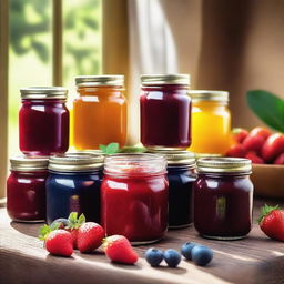 A vibrant and colorful scene featuring an assortment of fruit jams in glass jars