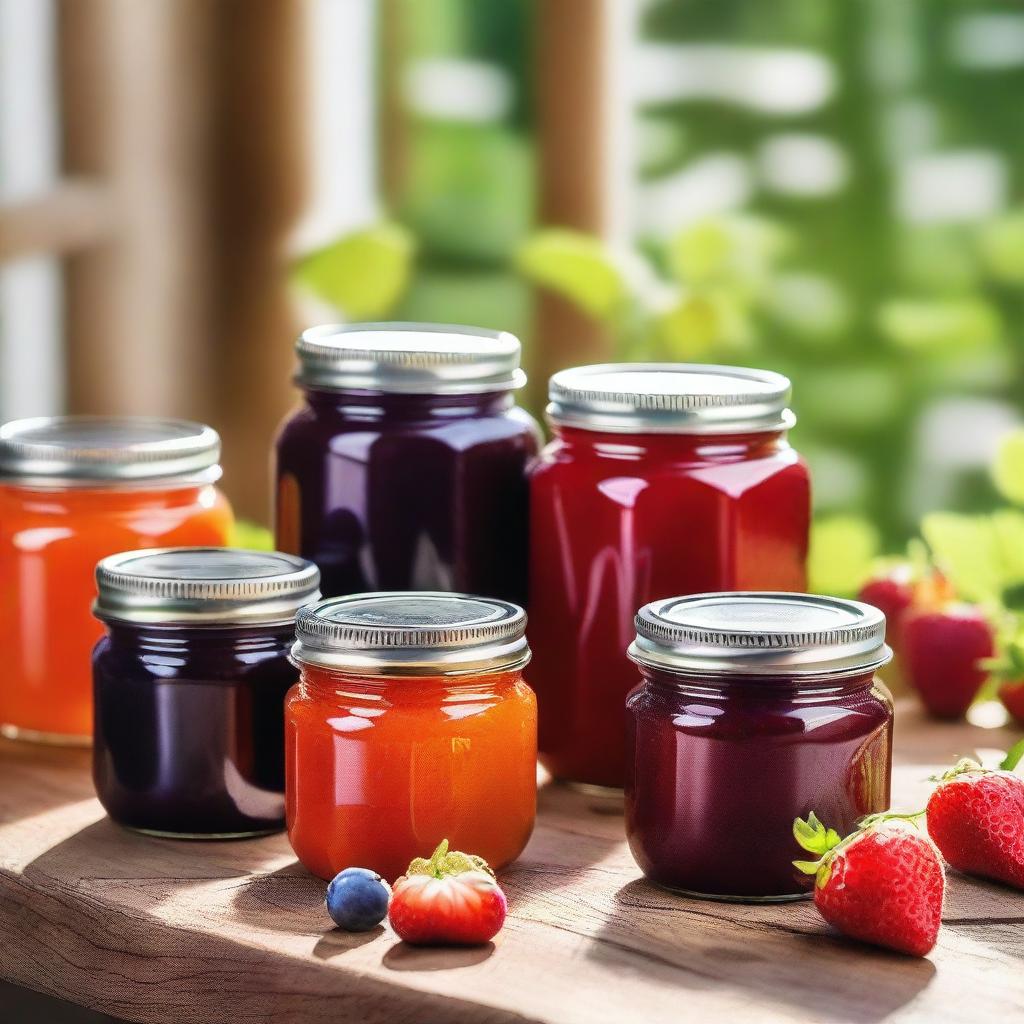 A vibrant and colorful scene featuring an assortment of fruit jams in glass jars