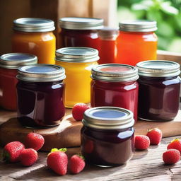 A vibrant and colorful scene featuring an assortment of fruit jams in glass jars