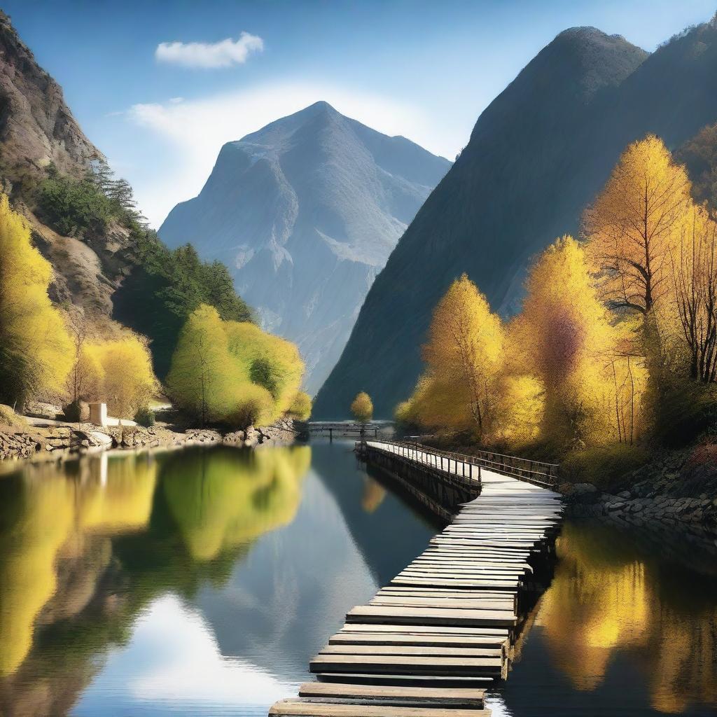 A scenic mountain landscape with a perspective view of three small road bridges