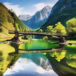 A scenic mountain landscape with a perspective view of three small road bridges