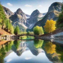 A scenic mountain landscape with a perspective view of three small road bridges