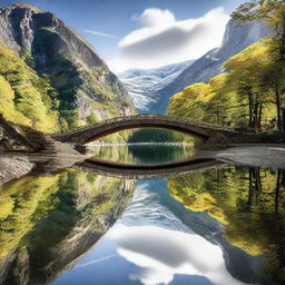 A scenic mountain landscape with a perspective view of three small road bridges