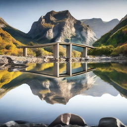 A scenic mountain landscape with a perspective view of three small road bridges