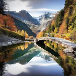 A scenic mountain landscape with a perspective view of three small road bridges