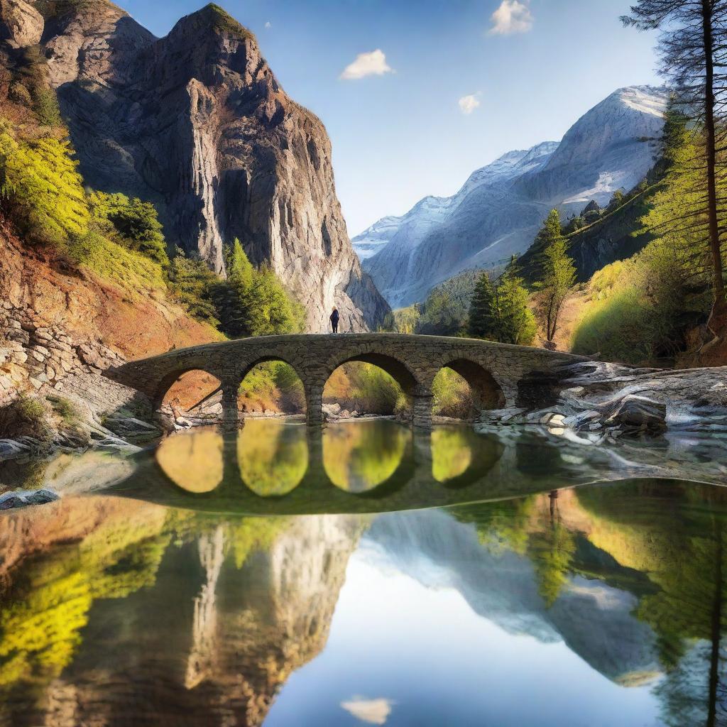 A scenic mountain landscape with a perspective view of three small road bridges