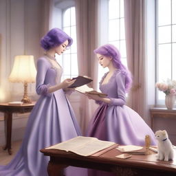 A romantic scene featuring a fashionable designer and a lavender-haired heiress