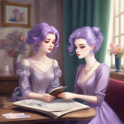 A romantic scene featuring a fashionable designer and a lavender-haired heiress