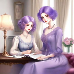 A romantic scene featuring a fashionable designer and a lavender-haired heiress