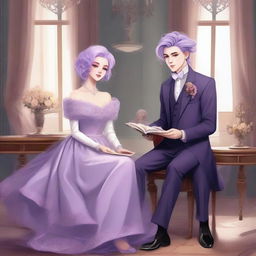 A romantic scene featuring a fashionable designer and a lavender-haired heiress