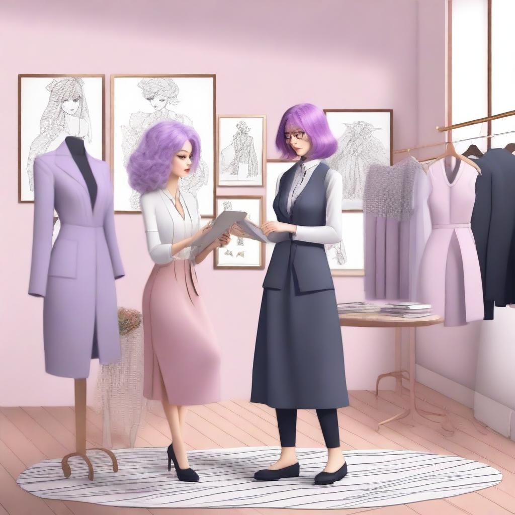 A modern romantic scene featuring a fashionable designer and a lavender-haired heiress