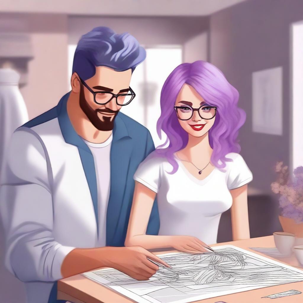 A modern romantic scene featuring a fashionable designer and a lavender-haired heiress