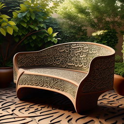 An outdoor seat with arabesque designs, inspired by distinctive Arabic script lines, crafted from weather-resistant materials and set in a soothing garden environment.