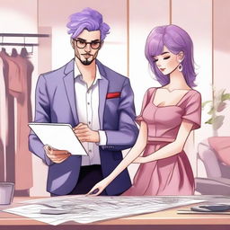 A modern romantic scene featuring a fashionable designer and a lavender-haired heiress