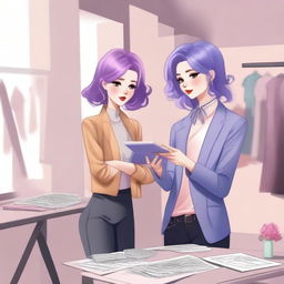 A modern romantic scene featuring a fashionable designer and a lavender-haired heiress