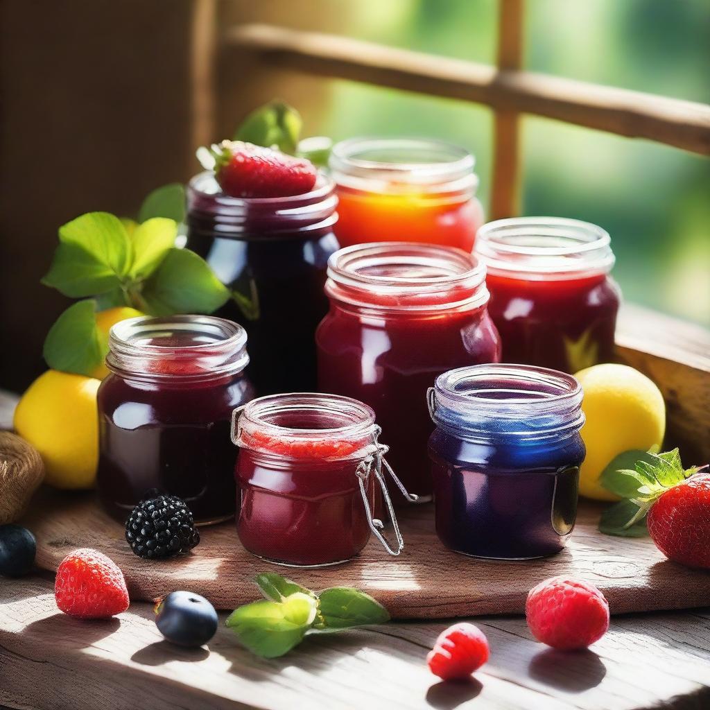 A vibrant and colorful scene featuring an assortment of fruit jams and fresh fruits on a rustic wooden table