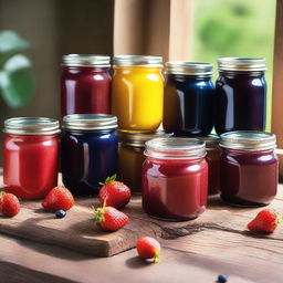 A vibrant and colorful scene featuring an assortment of fruit jams and fresh fruits on a rustic wooden table