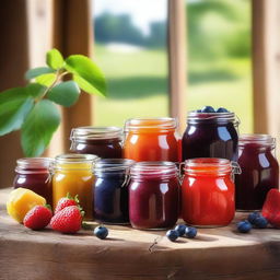 A vibrant and colorful scene featuring an assortment of fruit jams and fresh fruits on a rustic wooden table