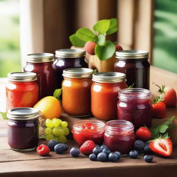 A vibrant and colorful scene featuring an assortment of fruit jams and fresh fruits on a rustic wooden table