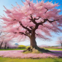 A beautiful and serene scene featuring a sakura tree in full bloom, with delicate pink cherry blossoms falling gently to the ground