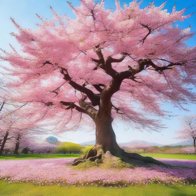 A beautiful and serene scene featuring a sakura tree in full bloom, with delicate pink cherry blossoms falling gently to the ground