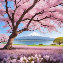 A beautiful and serene scene featuring a sakura tree in full bloom, with delicate pink cherry blossoms falling gently to the ground