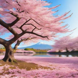 A beautiful and serene scene featuring a sakura tree in full bloom, with delicate pink cherry blossoms falling gently to the ground