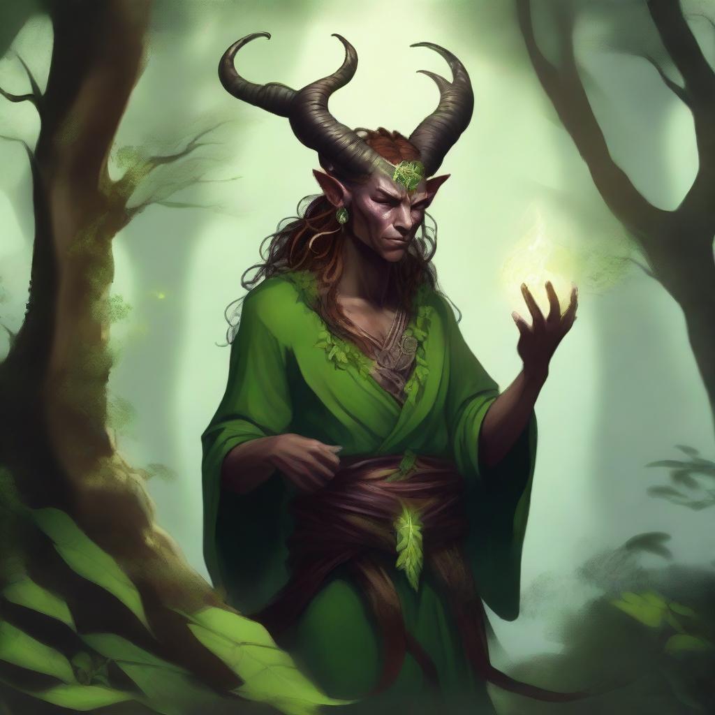 A striking image of a druid tiefling character, blending mystical elements with nature