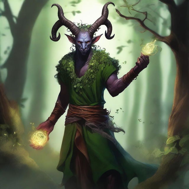 A striking image of a druid tiefling character, blending mystical elements with nature