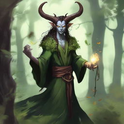 A striking image of a druid tiefling character, blending mystical elements with nature