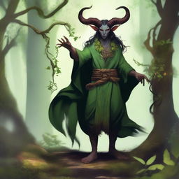 A striking image of a druid tiefling character, blending mystical elements with nature