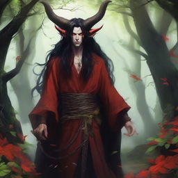 A striking image of a male druid tiefling character with red skin and long black hair